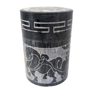 VTG Hand Carved Stone Jar Egyptian Chariot Motif Lidded Canister 4" Trinket Box